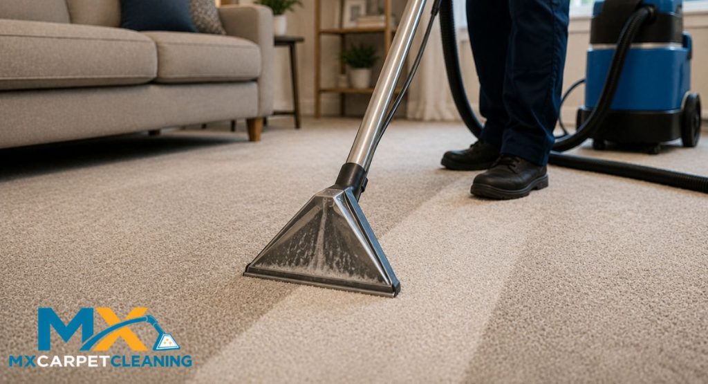 Professional carpet cleaning service in a Guelph home showing deep steam cleaning with MX Carpet Cleaning equipment.