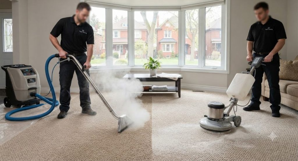 Professional carpet cleaning technicians deep cleaning a living room carpet using a steam extraction wand and a rotary buffer machine in a bright, windowed home.