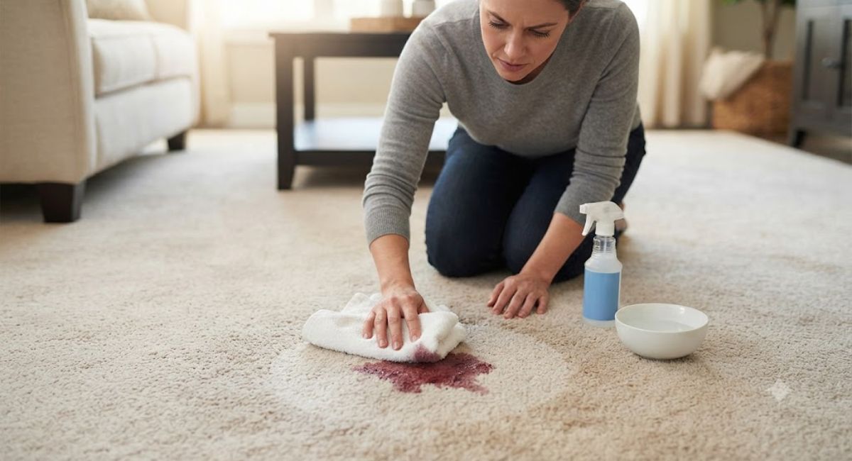 Homeowner blotting a red wine stain from a carpet with a white cloth before professional help arrives