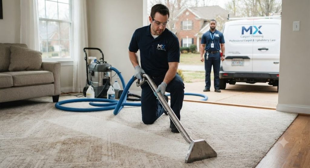 Professional carpet cleaning technician using a high-powered extractor on a residential carpet, with brand branding visible on his uniform and service van parked outside.