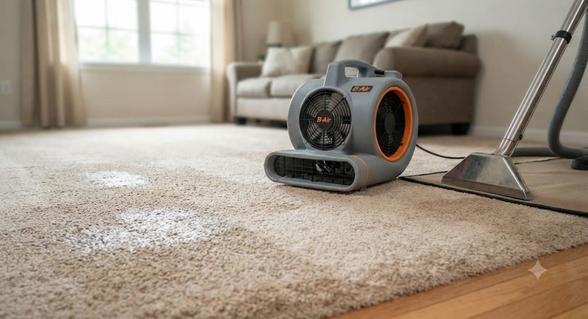 Portable air mover fan and a carpet cleaning wand resting on damp, freshly cleaned residential carpet in a living room.