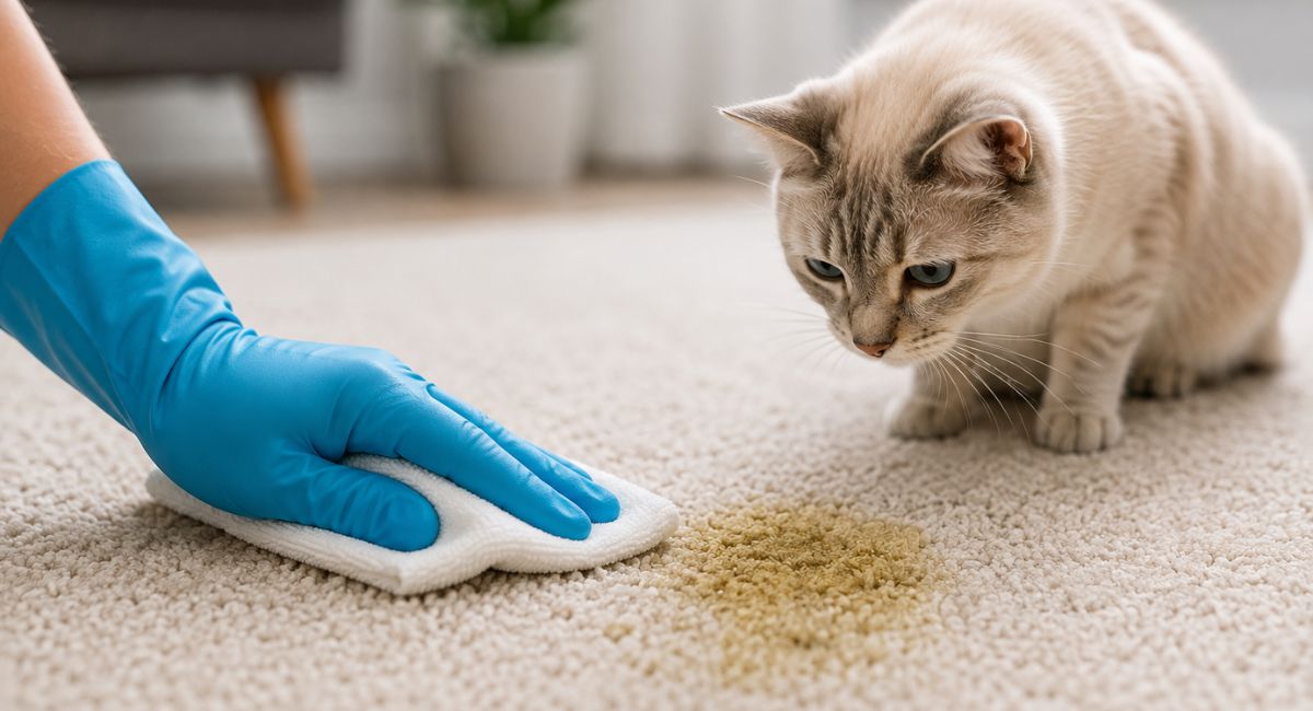 Cat urine stain on carpet being cleaned with a professional cleaning cloth, highlighting the challenge of removing cat urine from carpet.