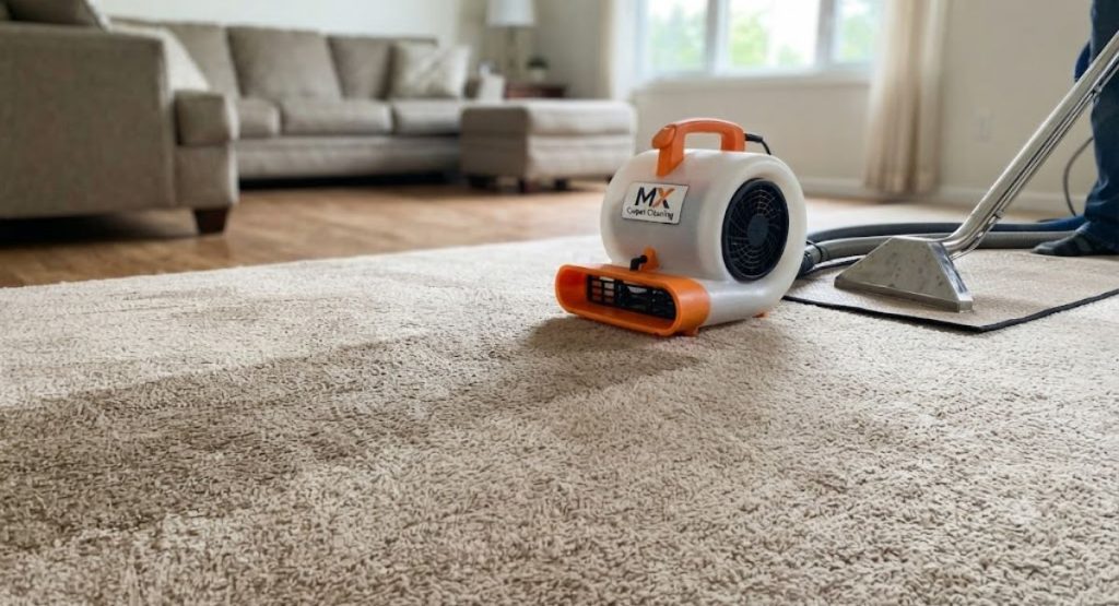 A professional carpet drying blower set up on a freshly cleaned residential carpet in a living room, with a carpet cleaning extraction tool visible in the background, representing the carpet drying process for MX Carpet Cleaning.