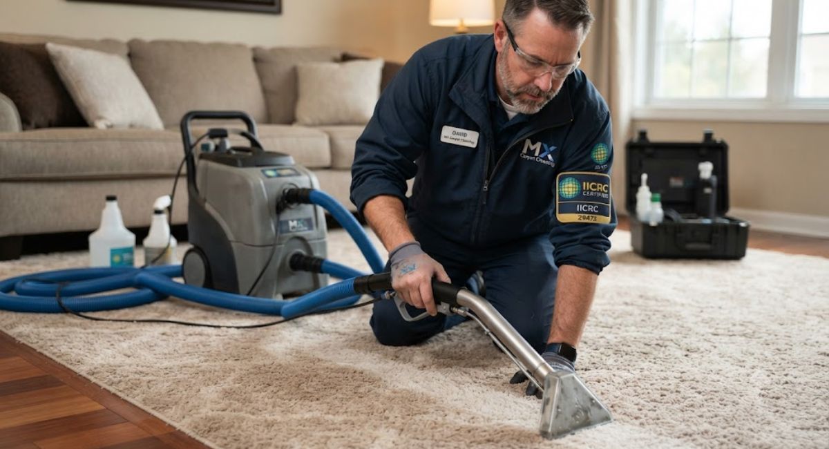 Professional MX Carpet Cleaning technician wearing an IICRC certified patch on his uniform, expertly cleaning a residential carpet with professional equipment.