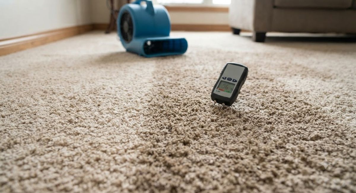 A close-up view of freshly cleaned, damp carpet in a living room with a digital moisture meter testing the moisture level and a drying fan running in the background.